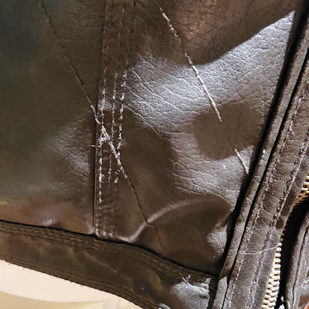 Freda M Brown Faux Leather Moto Jacket Gold Zip Pockets Vegan PVC Lined - Picture 8 of 13
